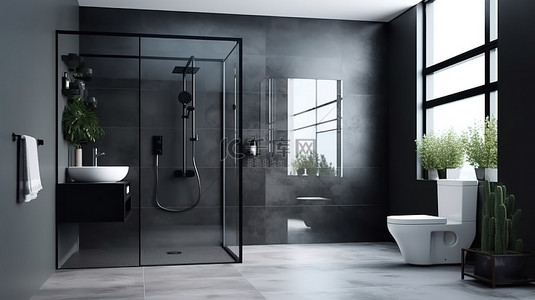 墙玻璃背景图片_现代室内装饰，配有玻璃淋浴和卫生间，配有光滑的黑色大理石墙砖 3D 渲染