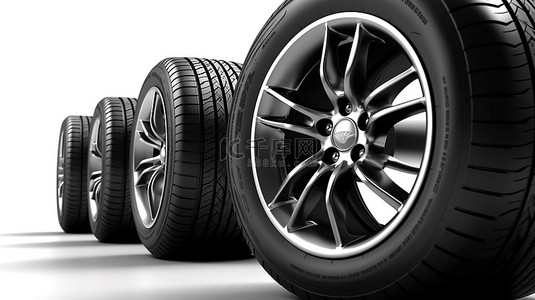 时尚的汽车车轮，其轮辋排列在堆叠中，在 3D 渲染的白色背景上单独呈现