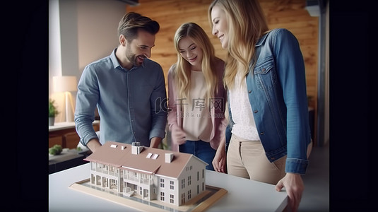 职业女性向可爱的白人夫妇介绍家居设计 3D 模型