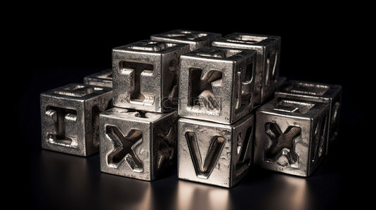 税收金属 3D 立方体的想法，其黑色背景上的文字以坚韧的风格