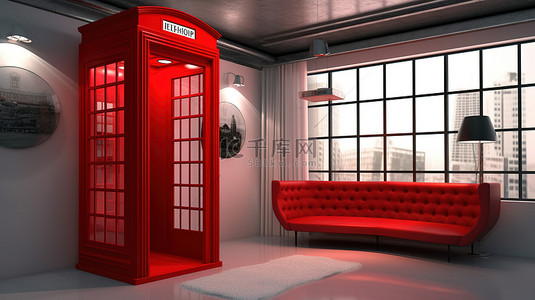 英国伦敦邮票背景图片_现代家具 3D 内饰，带有经典的伦敦电话亭