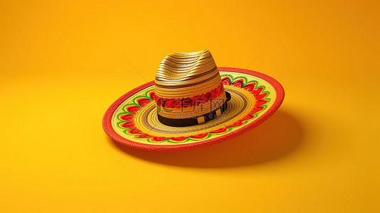 时尚传统文化背景图片_带有传统墨西哥阔边帽的充满活力的黄色背景的 3D 插图