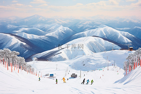 雪山里滑雪的人们