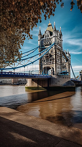 扁平城市插画背景图片_伦敦塔桥景点旅游背景