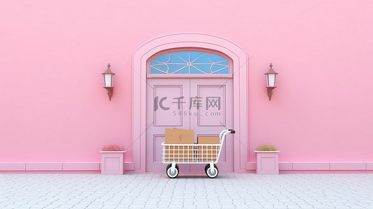 奶茶店门口背景图片_带有开放式购物车的软粉色门的简约 3D 插图