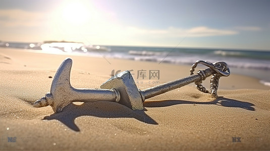 阳光明媚的海滩沙上航海锚的极端特写 3D 渲染