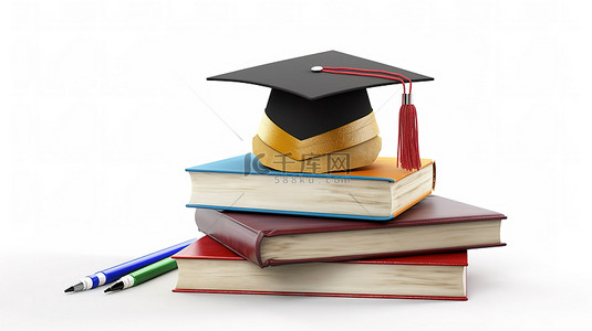 资质证书模板背景图片_回到学校 3D 渲染毕业帽放在白色背景的书本上