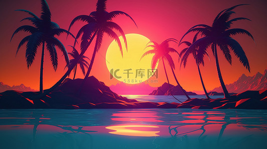 日落时的岛屿天堂 3d 棕榈树霓虹灯太阳和合成波共鸣