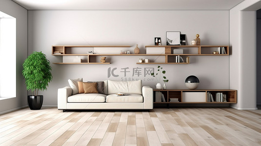 现代白色沙发客厅，配有木架子和橱柜，木地板和白墙 3D 渲染