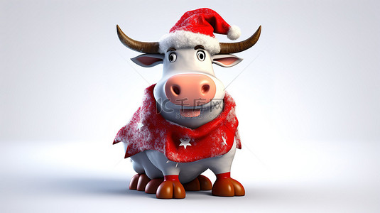 搞笑 3D 红牛戴着圣诞老人帽子
