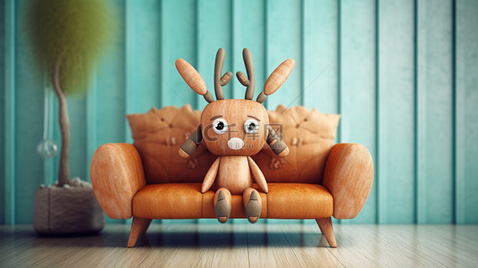 客厅室内设计，沙发上有 3D 渲染的驯鹿娃娃，非常适合艺术品