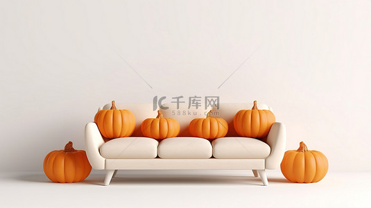白色背景上带有秋季装饰的时尚沙发简约风格，非常适合季节性装饰