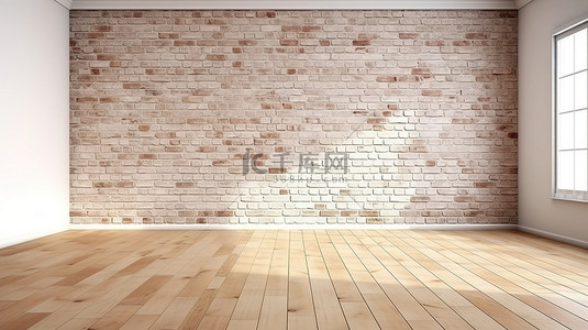 空房间地毯背景图片_砖墙和木地板与白色地毯的 3D 渲染