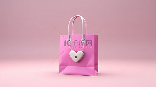 粉色店铺背景背景图片_白色背景 3d 渲染上用绳子悬挂的粉色纸购物袋上的白色心形标签