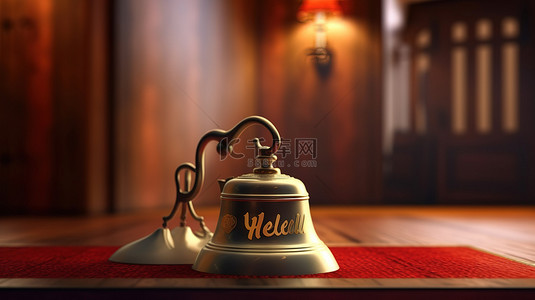 欢迎实习生背景图片_带有欢迎标志的酒店呼叫铃的 3D 渲染