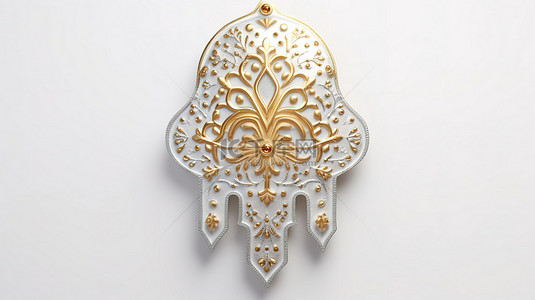 伊斯蘭背景图片_3d 渲染的 hamsa 和法蒂玛护身符符号之手在白色背景上的金色和银色