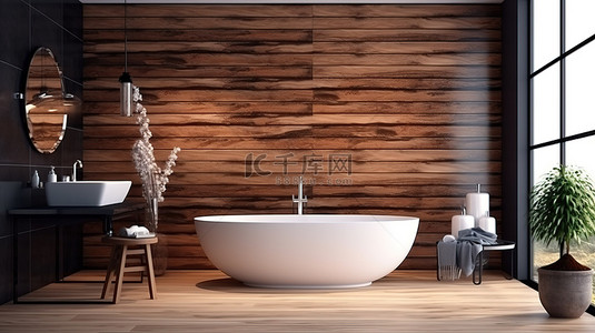 现代浴室设有带时尚木质背景的浴缸和舒适的扶手椅 3D 渲染