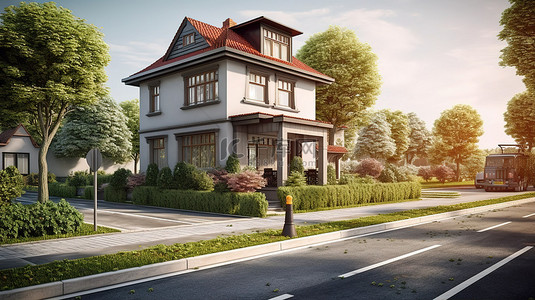 城市景观中的 3 层房子道路人行道和草坪的 3D 视角