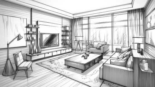 室内客厅家具背景图片_现代客厅家具与沙发桌凳和电视柜内部草图的 3D 插图