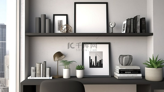 黑色电脑桌面背景图片_家庭办公室内部背景与模拟框架现代黑色和灰色色调 3D 渲染