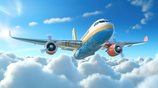 3d 渲染的卡通飞机翱翔在云层之上
