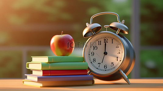 书和孩子背景图片_回到学校必需品一叠书一个苹果一个袋子和一个 3D 渲染的闹钟