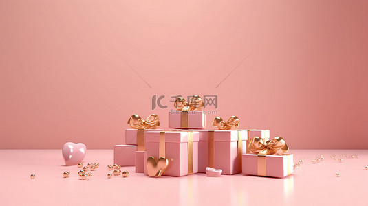 有丝带的爱心背景图片_情人节礼品盒，粉红色背景上有金心 3D 渲染图像