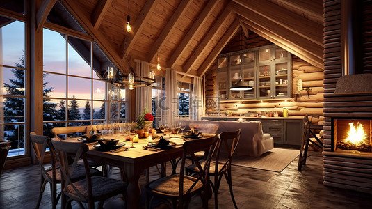冬季仙境 3D 渲染豪华舒适的小木屋，配有壁炉用餐区厨房和木地板