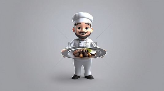 厨师卡通厨师背景图片_卡通厨师在 3D 插图中的银托盘上呈现菜肴
