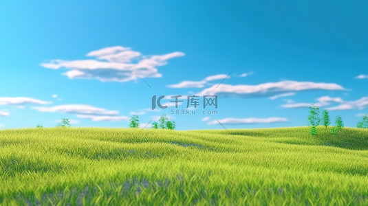 广袤土地背景图片_3d 渲染中的绿草和蓝天背景