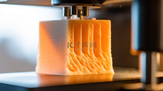3D 打印机打印头打印背景模糊的详细体积的特写视图