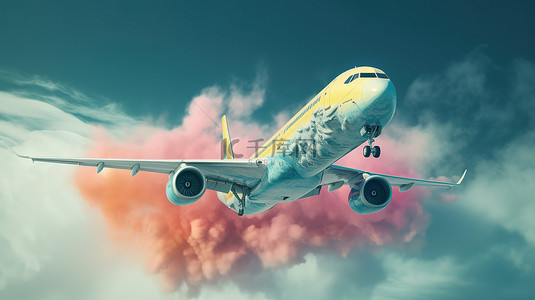 商务科技插图背景图片_带有烟雾书写的商用飞机的欢乐飞行 3D 插图