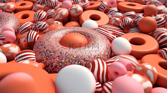 柔和色块背景图片_3D 渲染插图中丰富的几何形状放松珊瑚甜甜圈和球体