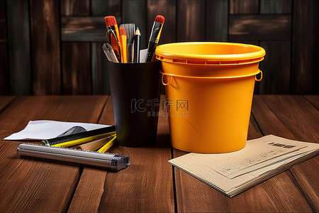 名字DIY背景图片_木桌上的塑料垃圾桶，旁边有工具
