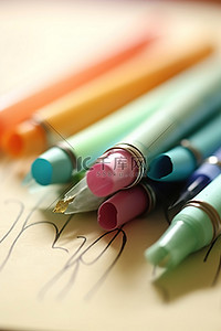 几支彩色纸笔放在纸上的一些文字上