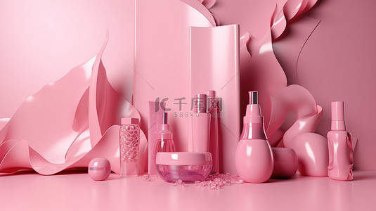 美容粉红色背景图片_抽象粉红色背景 3d 渲染插图上的产品展示台
