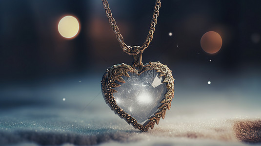 满月浪漫背景图片_3D 渲染水晶心形项链，雪色背景和满月