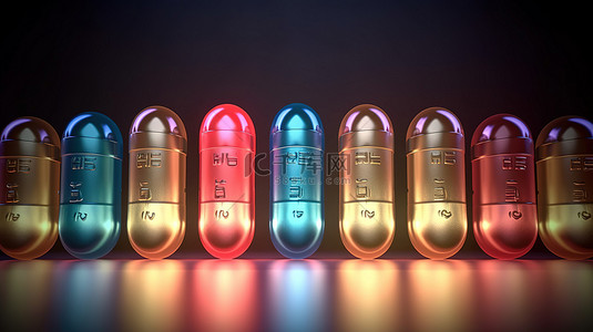 各种独特颜色的医疗胶囊药丸和药物的独特 3D 插图