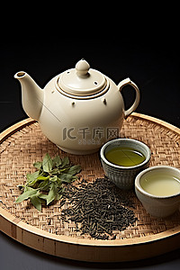 茶叶水背景图片_茶壶周围是茶袋茶叶和茶壶