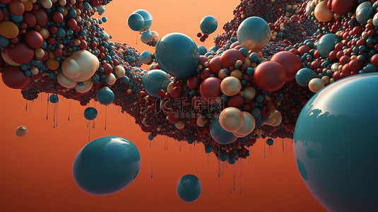 抽象艺术组合超现实主义飞行橡胶球球体和 3D 渲染中的气泡