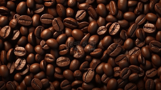 咖啡豆中烘背景图片_深色 3D 渲染背景中烘焙丰富的咖啡豆的顶部视图