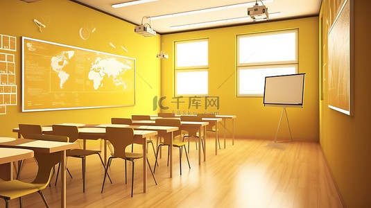 金色设置中的教室和白板 3D 渲染