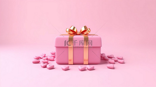 3D 渲染的粉红色礼品盒，饰有金丝带和心形，加上引人注目的购物销售横幅，完美描绘了粉红色背景上的爱情概念