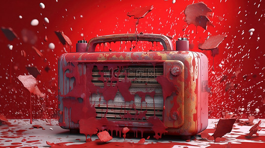 斑点油漆背景图片_带有猩红色斑点 3d 渲染的老式收音机