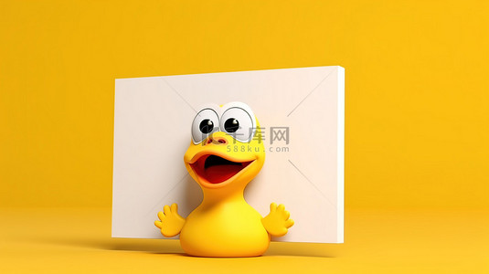 卡通标示牌背景图片_黄色卡通鸭吉祥物，在可爱的黄色背景 3D 渲染上带有白色广告架