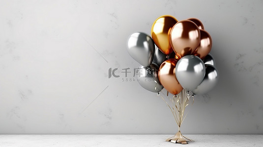 充满活力的新年气球排列在白色混凝土背景水平横幅 3D 渲染插图上