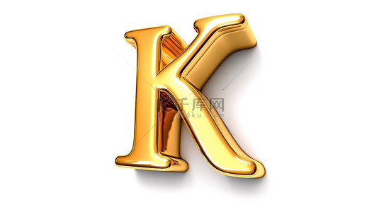 3d 小金色字母在白色孤立背景上拼写出“k”，闪闪发光的字母图