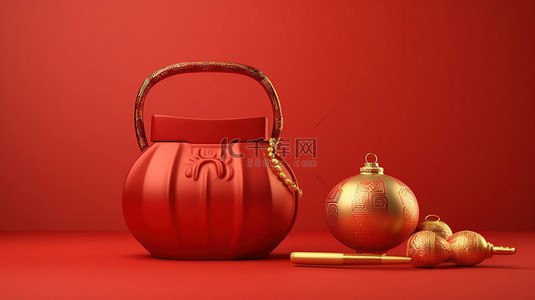 中国灯笼和金袋的 3D 渲染在红色背景下庆祝欢乐的农历新年