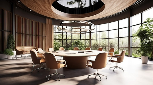 当代会议空间的 3D 渲染展示了舒适的木桌和椅子