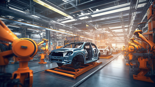 金属汽车零件背景图片_自动化汽车工厂机器人装配线的 3D 渲染
